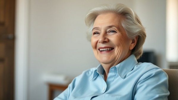 Elderly woman smiling in a relaxed indoor setting, Japan highest life expectancy.