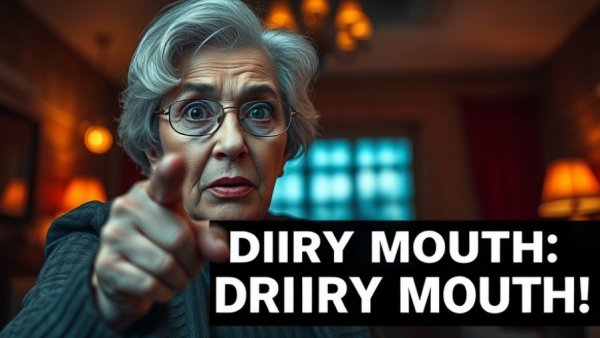Concerned older woman pointing at dry mouth warning signs.