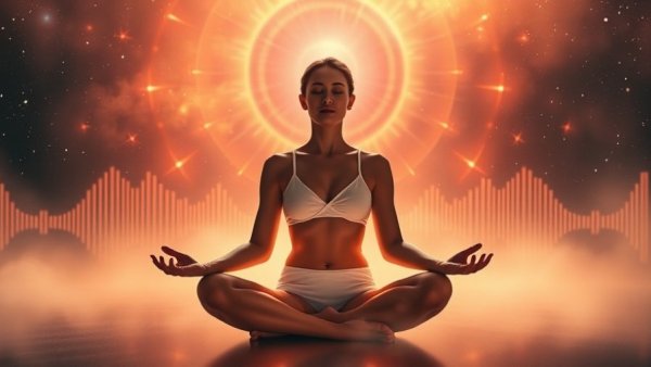 Woman meditating with 639 Hz Theta Isochronic Tones in cosmic setting
