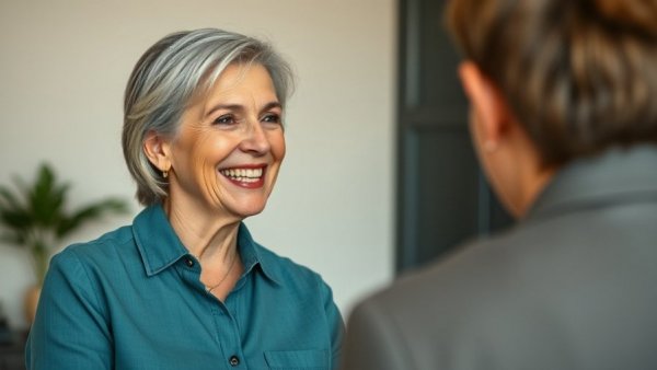Understanding Addiction: Woman smiling during a conversation.