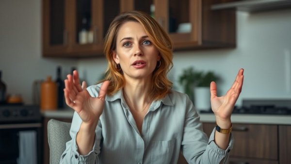 Woman explaining in kitchen setting with bottles in the background