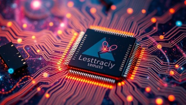 Quantum physics concept art with microchip and cosmic galaxies.