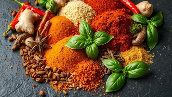 Vibrant spices and herbs collection on dark surface, spice synergy boosts anti-inflammation.