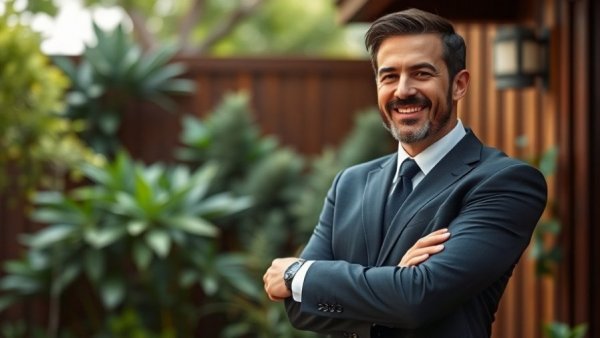 Confident man smiling in garden, heal a broken heart backdrop.