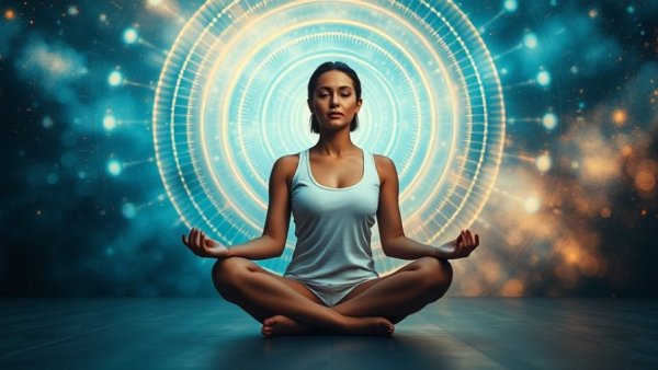 Meditative woman with energy aura in a serene setting, 639 Hz Theta Isochronic Tones.