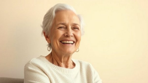 Older woman smiling warmly about anti-aging solutions.