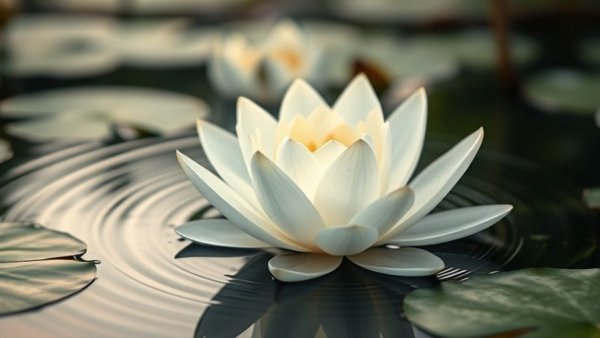 Serene white lotus flower gently floating in a tranquil pond.