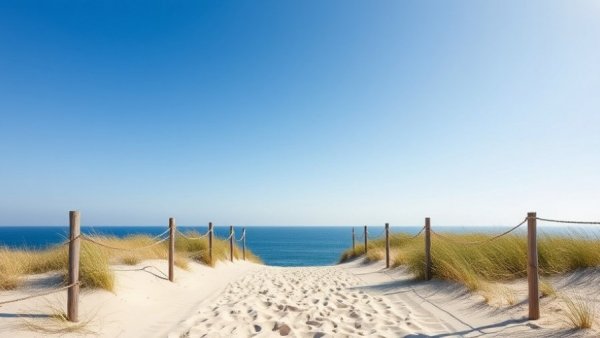 Serene sandy path towards ocean under clear sky, enhancing mental health.