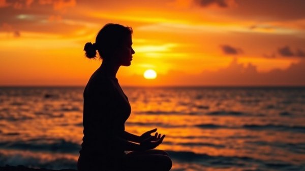 Silhouette meditation at sunset with swirling energy for mind reset techniques.