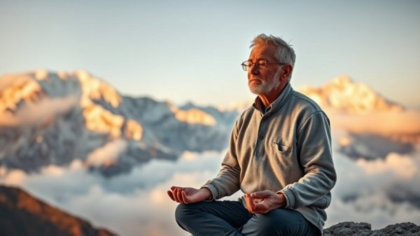 Indian meditation music scene with serene man in Himalayas.