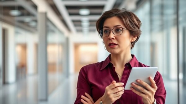 Confident woman discusses health questions in office hallway.