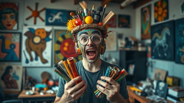 Creative individual posing with unique hat and items; stacking and hacking theme.