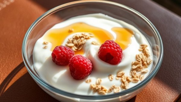 Hormone Harmony Raspberry Yogurt Oat Bowl on brown leather background.