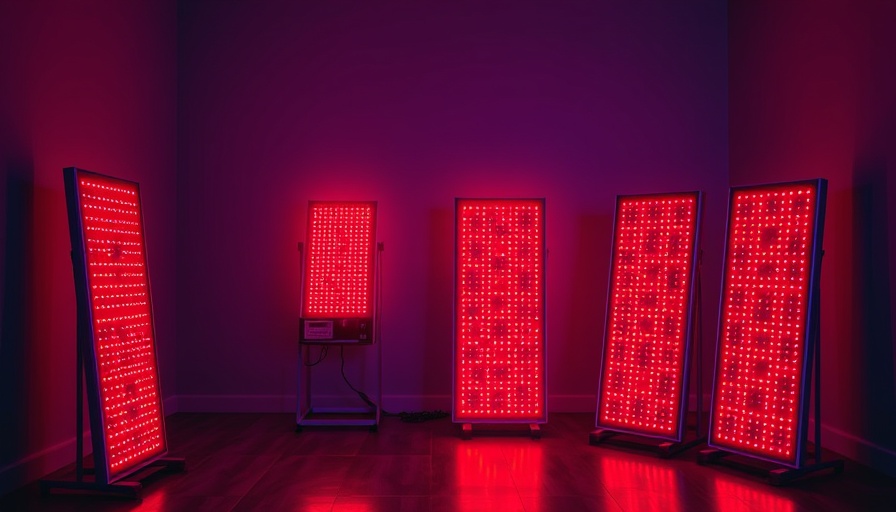 Red light therapy panels glowing in a dim room, illustrating red light therapy benefits.