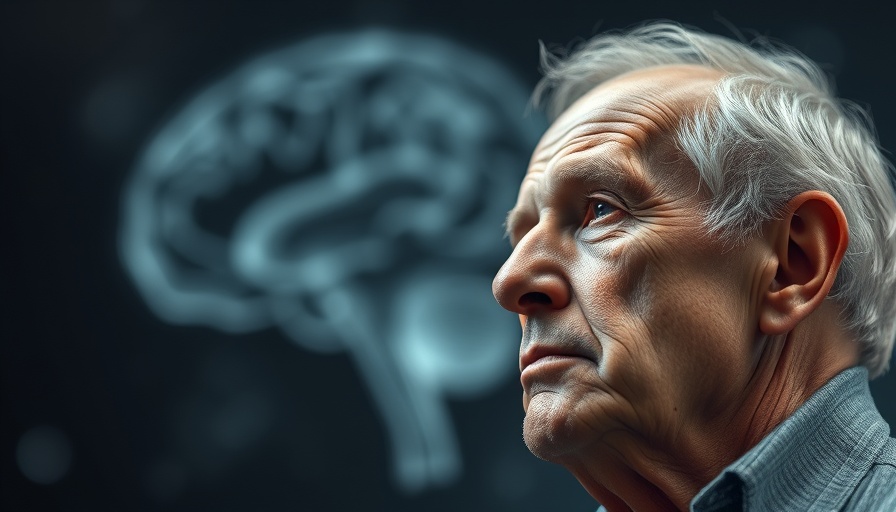 Elderly man pondering Alzheimer's disease with brain graphic.