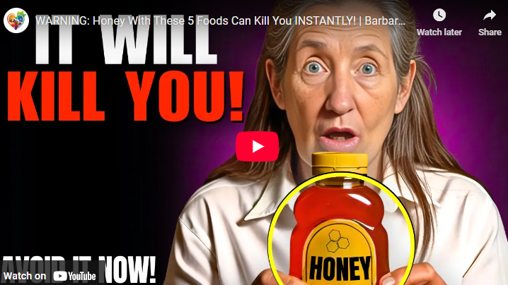 Concerned woman holding honey with warning text background.