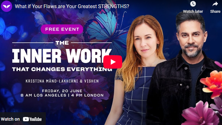 Your Flaws Can Be Your Greatest Strengths event poster with speakers and vibrant background.