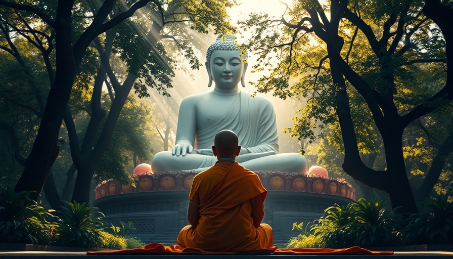 Monk meditating in front of Buddha statue, serene atmosphere.