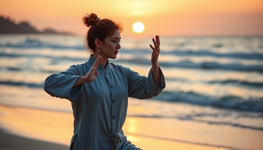 Woman practicing Tai Chi on beach at sunrise for exercise insomnia treatment.
