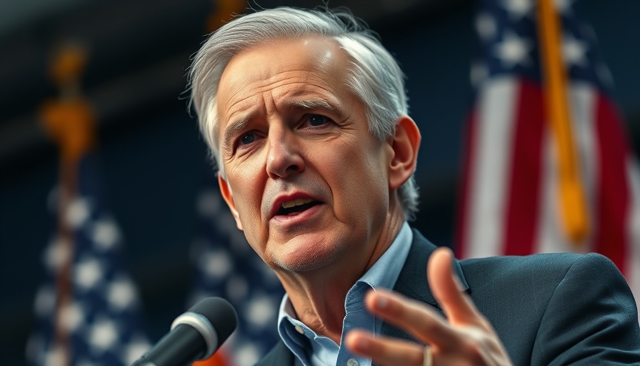 Middle-aged man speaking on stage with American flags, health independence.