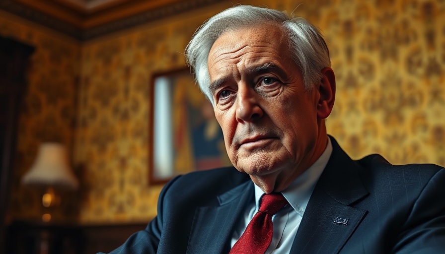 Serious older man in a suit, warm lighting, ornate background.