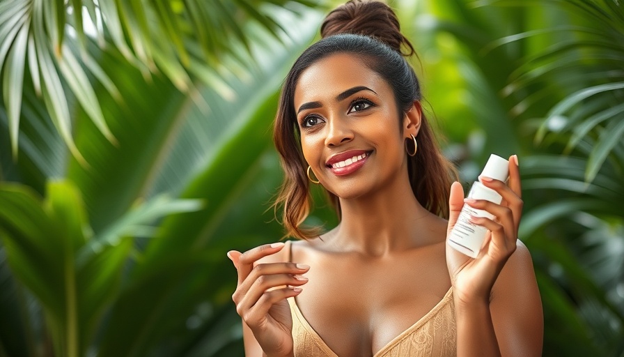 Confident woman discussing soul-level skincare in tropical setting.