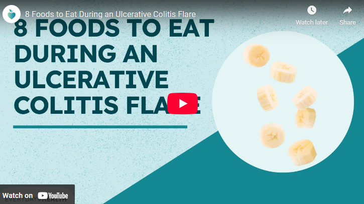Foods to eat during an ulcerative colitis flare graphic with bananas.