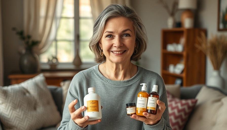 Middle-aged woman sharing natural anti-aging tips with wellness products.