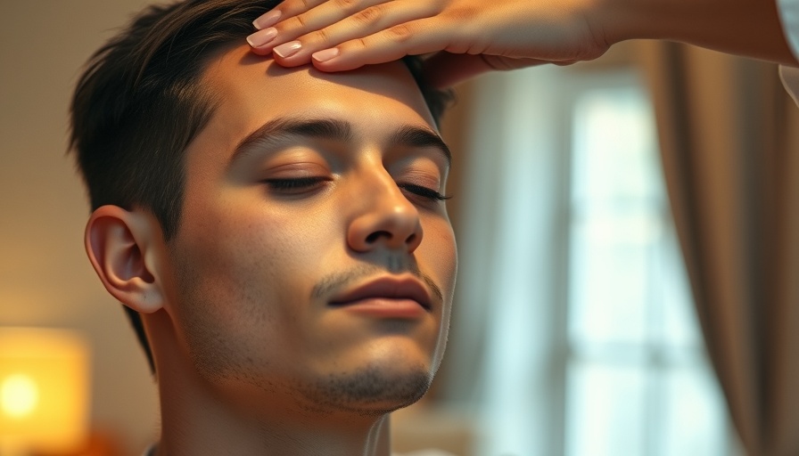 Calm young man receiving Reiki healing treatment indoors.