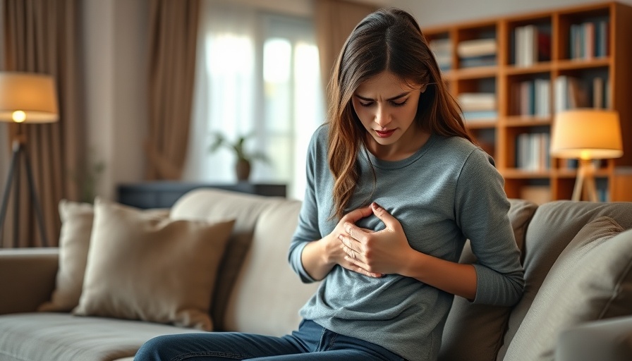 Young woman with IBS-D discomfort in modern living room.