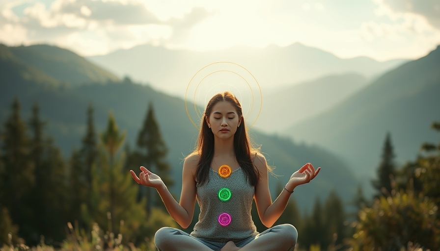 Chakra Healing with Sound: Woman meditating outdoors with chakra symbols.