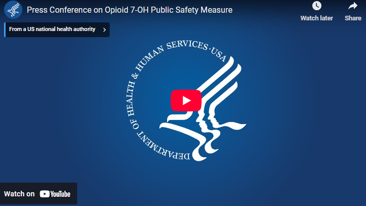 Government emblem on blue background, 7-Hydroxy Mitragynine dangers.