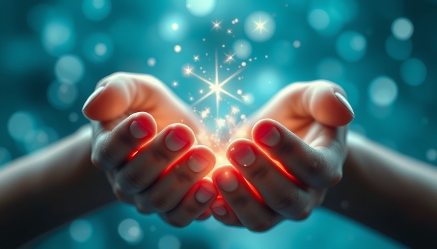 Healing hands emitting energy sparkles for Reiki Music.