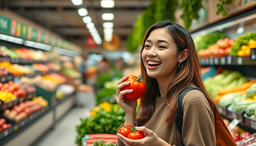 Young woman enjoying fresh produce in a supermarket, foods that make you younger looking.