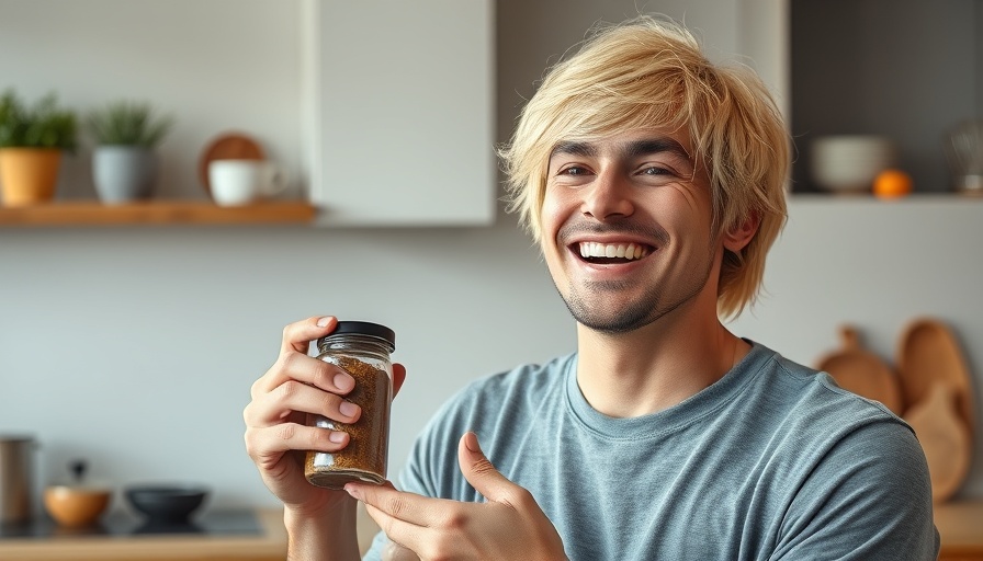 Young man in a kitchen laughing, holding spice jar for Low-Tox Lifestyle.