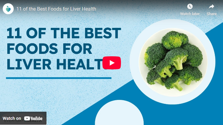 Broccoli on a plate with text promoting best foods for liver health.