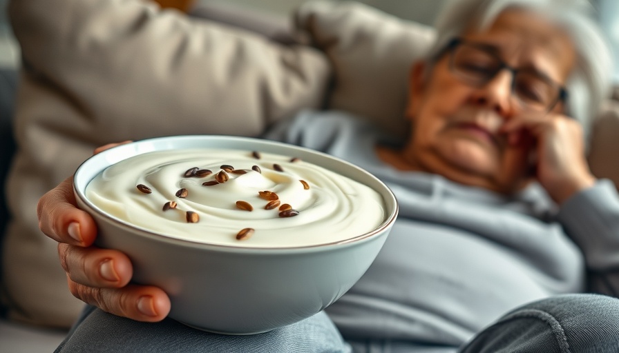 Yogurt bowl and stressed elderly woman discussing foods to balance hormones over 40.