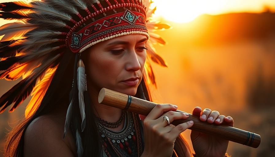 Native American woman playing flute at sunset, cultural heritage.