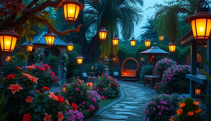 Enchanting garden at dusk with glowing lanterns and vibrant flowers.