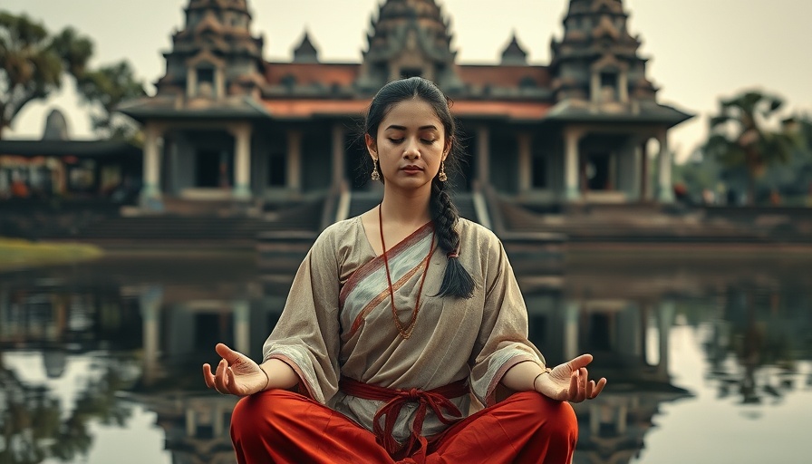 Serene woman meditating by temple, pure positive vibes.