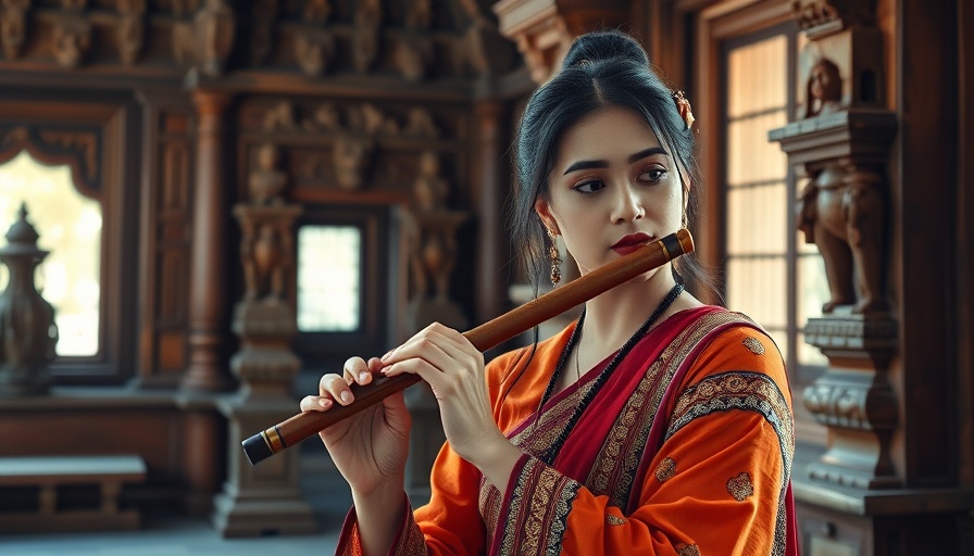 Indian woman meditating with flute in a temple setting.