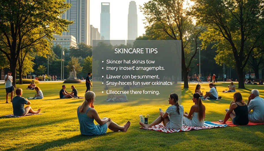 Summer skincare tips displayed over a park scene with people.