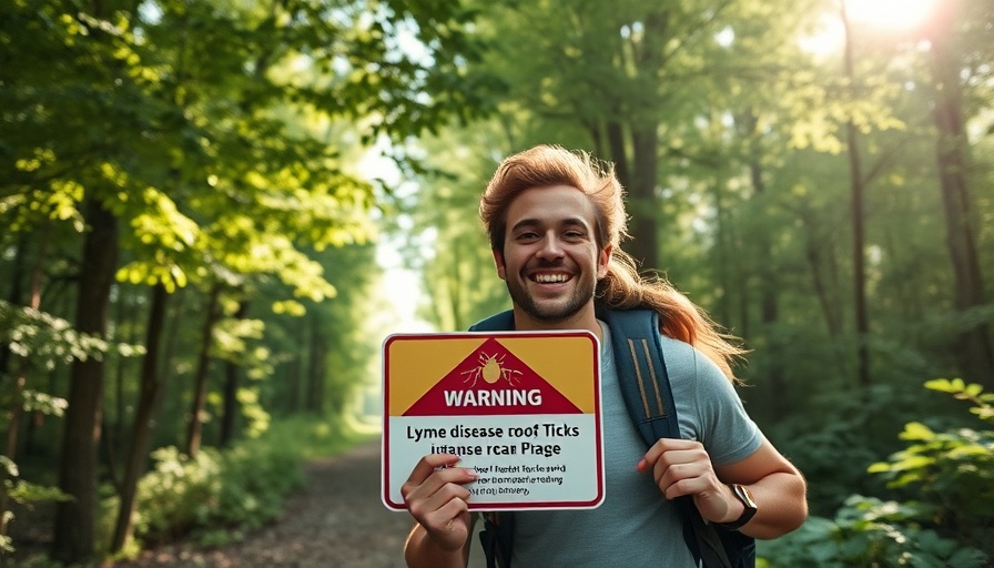 Lyme disease awareness; hikers in forest with warning sign.