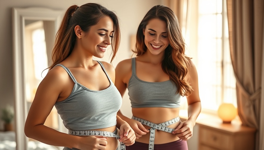 Woman using tape measure in mirror, Green Tea Microbeads for Weight Loss concept.