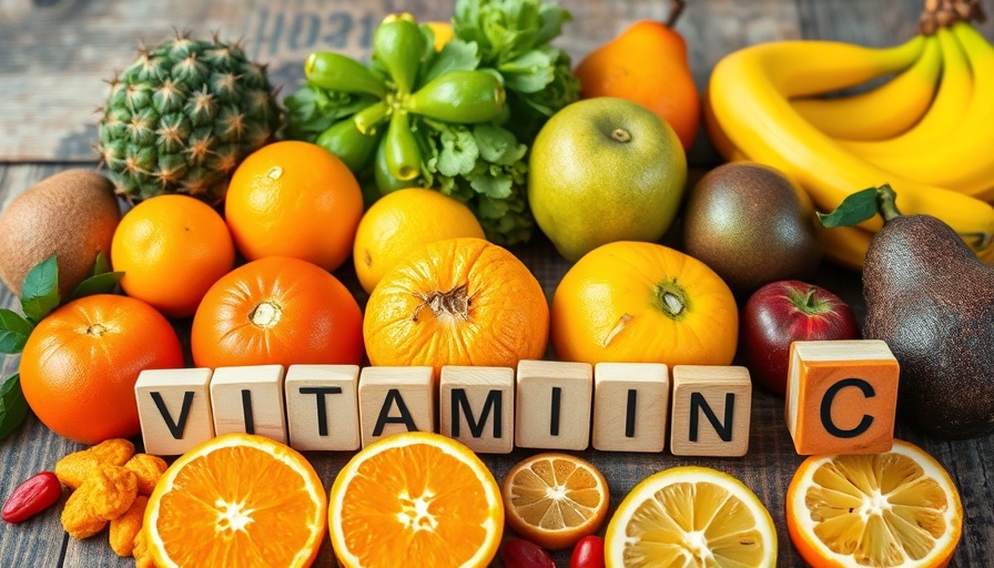 Top fruits for health arranged with vitamin C blocks on wood.