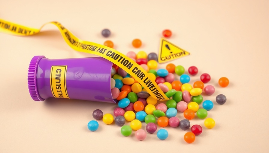 Caution tape over colorful candies suggesting to eliminate synthetic food dyes.