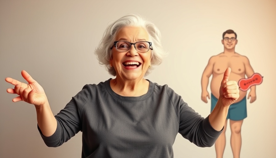 Joyful senior woman highlighting foods that reduce inflammation in vibrant cartoon style.