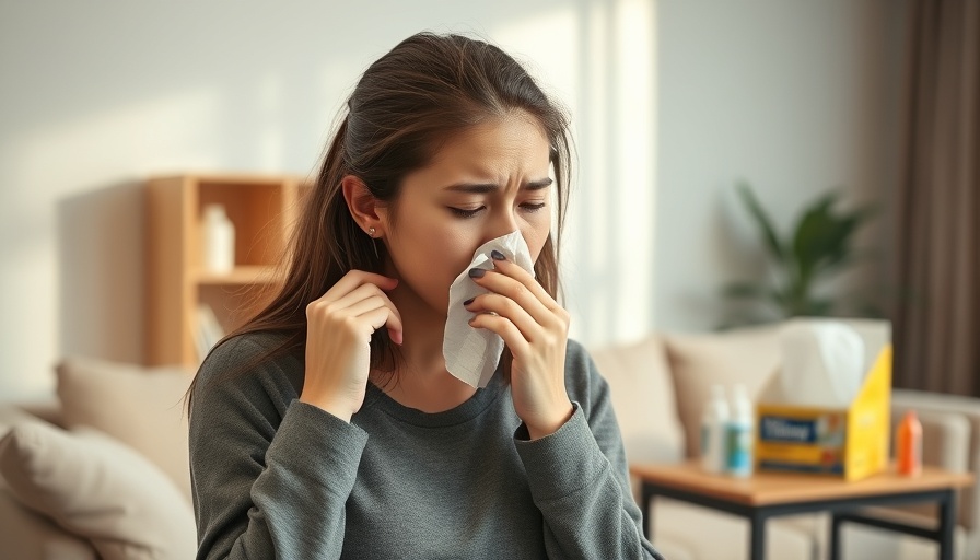 Indoor air solutions for allergy sufferers; woman using tissues.