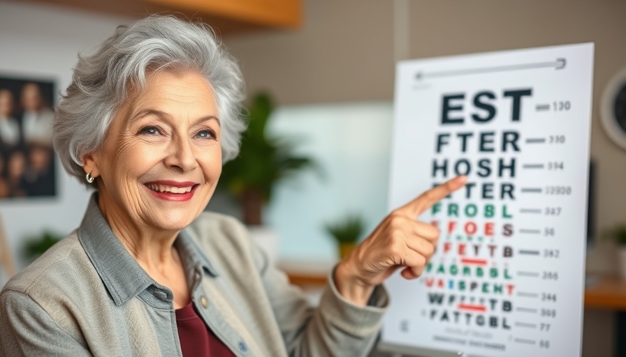 Smiling older woman pointing at an at-home eye test chart.