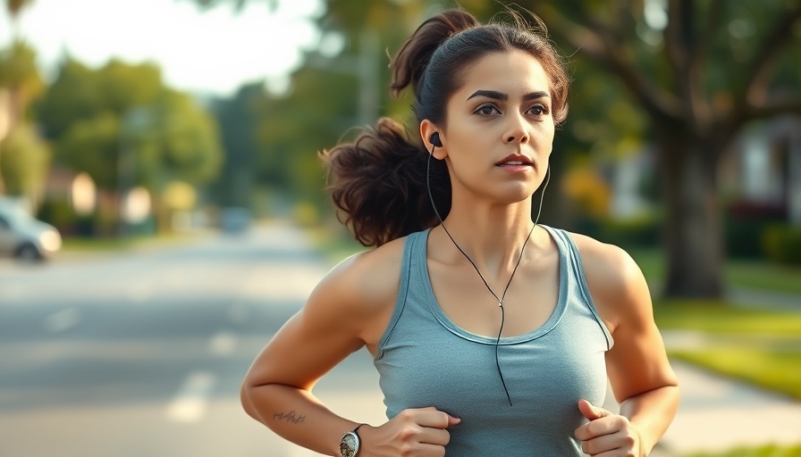 Woman jogging outdoors, focused and energetic.